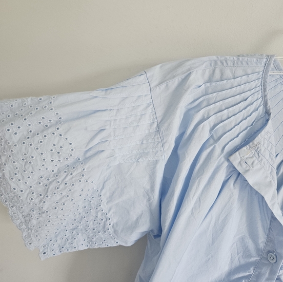 J. Crew Blue Eyelet Top Pleated Detail Full Sleeves - Picture 5 of 5